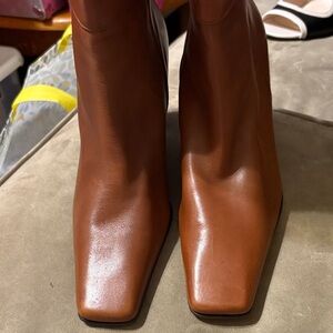 Anne Klein Cognac Leather Square-Toe Ankle Boots